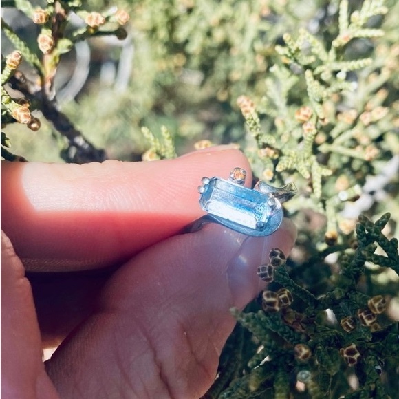 10k White Gold Antique 1900’s 1.5 carat Emerald Cut Aquamarine & Diamond Ring - Picture 14 of 15